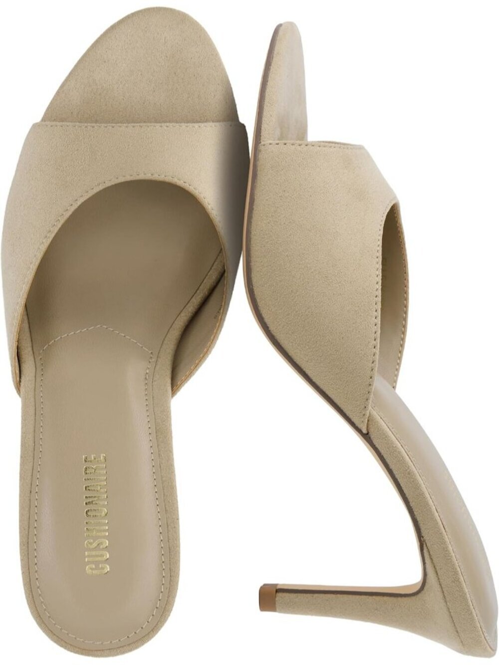 Women's Sandal Open Toe Heeled Mule Taupe Suede Cushioned Memory and Stiletto